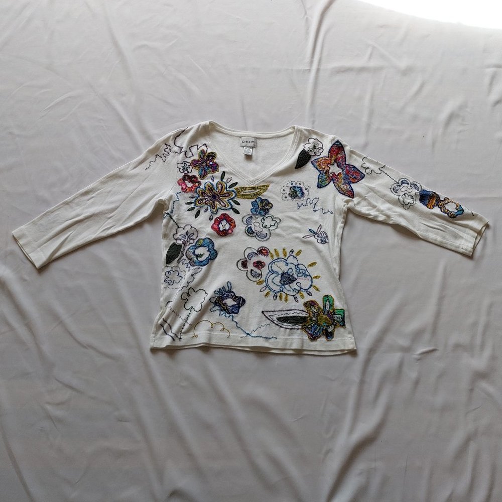 Chico's White Long Sleeve Embellished Floral Tee